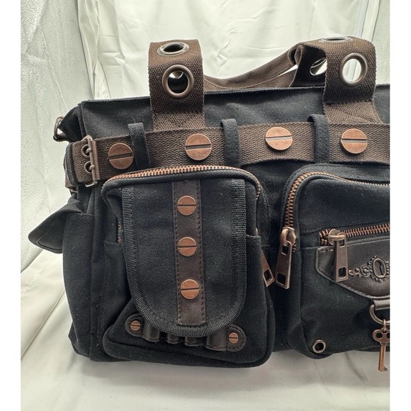 Banned Alternative DOOM LAGOON HANDBAG Steampunk Key Canvas Black Copper NWT - Picture 6 of 16